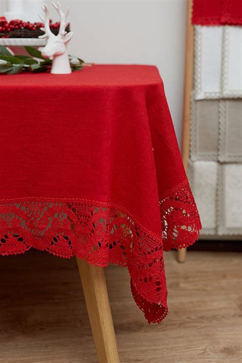 LINEN Christmas TABLECLOTH, Red Linen Tablecloth With French Lace, Linen Tablecloth Rectangle ...