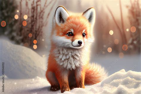 cute red fox baby cartoon dreamlike in snow, winter,christmas. generative ai Stock Illustration ...