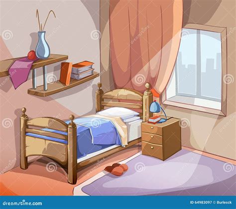 Bedroom Interior in Cartoon Style. Vector Stock Vector - Illustration of furniture, curtain ...