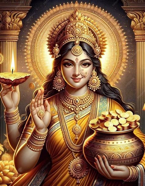 the hindu goddess holding a pot with gold coins in her hand and a lit candle