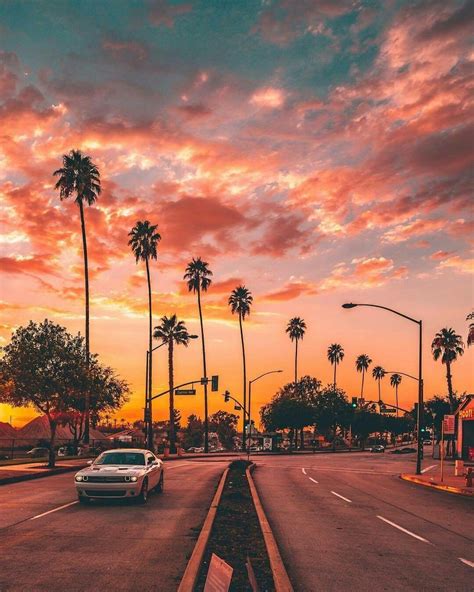 a car driving down the road with palm trees in the background at sunset or dawn