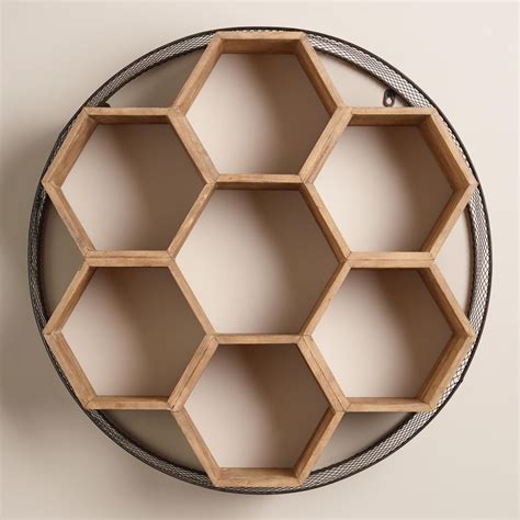 Round Metal and Wood Honeycomb Wall Storage | Wall storage, Metal wall decor, Wall shelves