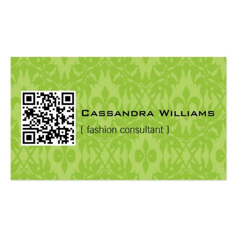 Bright Green Damask QR CODE Business Cards