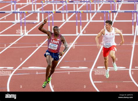 Grant Holloway (USA) celebrates becoming world champion in the 110 meter hurdles in a time of 13 ...