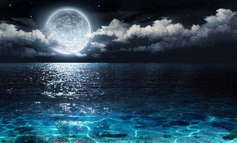 Download Wallpaper sea ocean moon water clouds night sky, 4000x2414, Moon over the ocean at ...