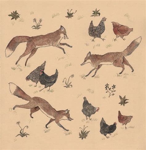 Hens and Foxes 12 x 12 Print by swanbones on Etsy | Fox print, Original drawing, Illustration