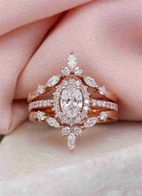 Oval Moissanite Halo Engagement Wedding Rings Set | Deer Pearl Flowers