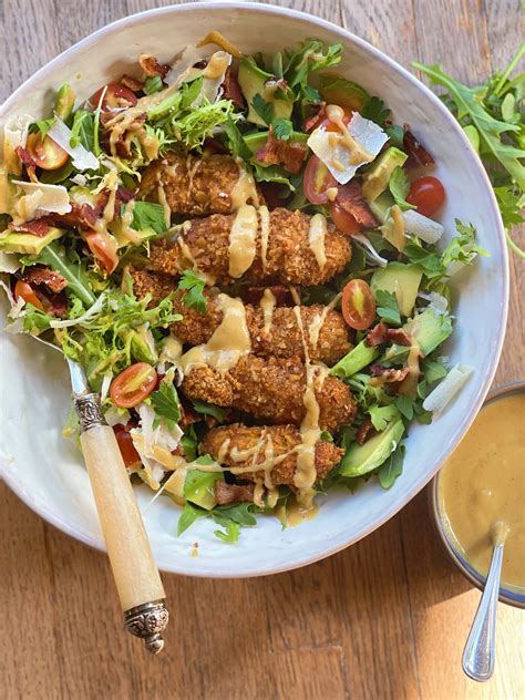 Crispy Chicken Tenders with Honey Mustard and Avocado Bacon Salad ...