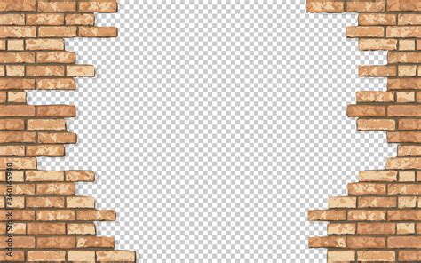 Realistic Vector broken brick wall horizontal transparent background. Hole in flat bown wall ...
