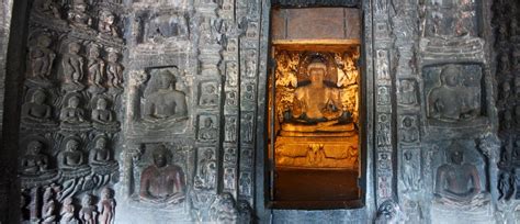 Stock Pictures: Buddha statues, frescoes and sculptures at Ajanta Caves