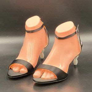 Shoes | A Black Open Toe Rhinestone Kitten Low Heels Ankle Strap ...