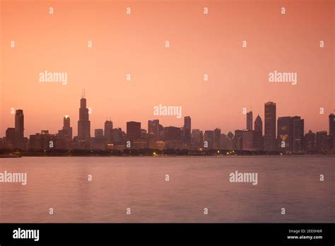 Chicago Skyline at sunset, Chicago, Illinois, United States Stock Photo ...