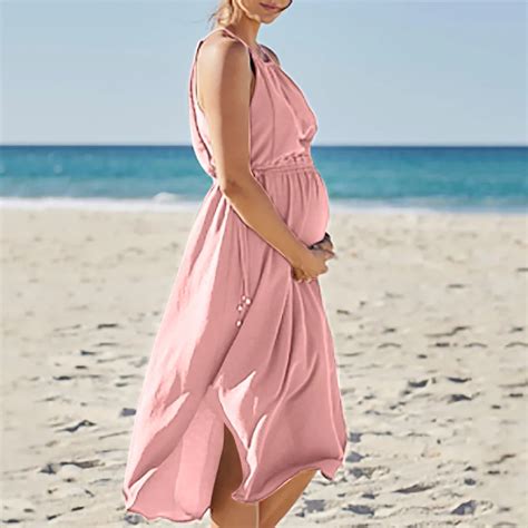 MUQGEW Maternity Dress Women Sleeveless Solid Beach Dresses for Pregnant Summer Breastfeeding ...