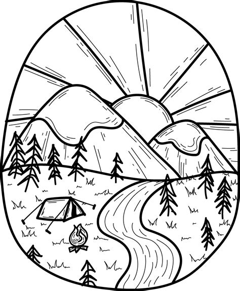 Doodle cute mountains forest nature hike tent isolated line logo Hand drawn vector illustration ...