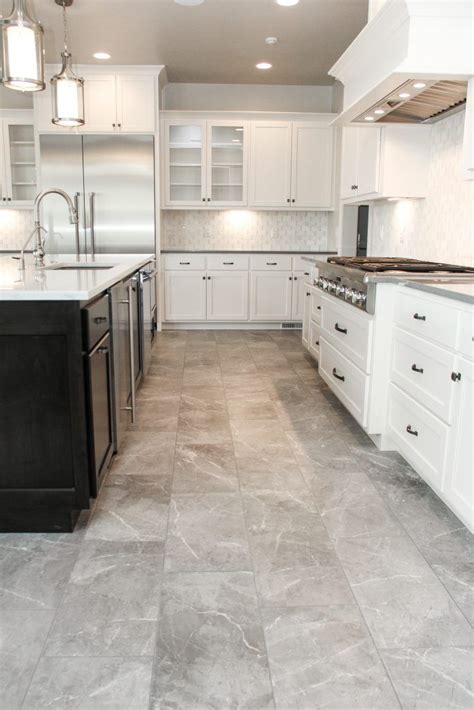 Muted Grey Tile Floor Kitchen and White Tile Kitchen Backsplash ...