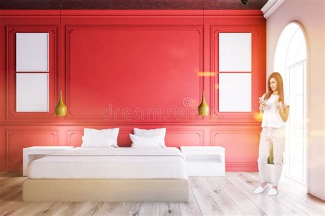 Red Bedroom with Poster Gallery, Woman Stock Image - Image of decor ...