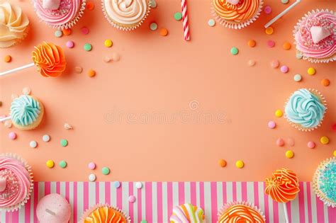 Peach Fuzz Table Top on Peach Background with Decorated Lollipops and Cupcakes, Children ...