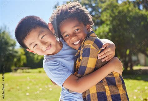 Foto de Portrait, children and friends hugging in a park together for fun, bonding or playing in ...