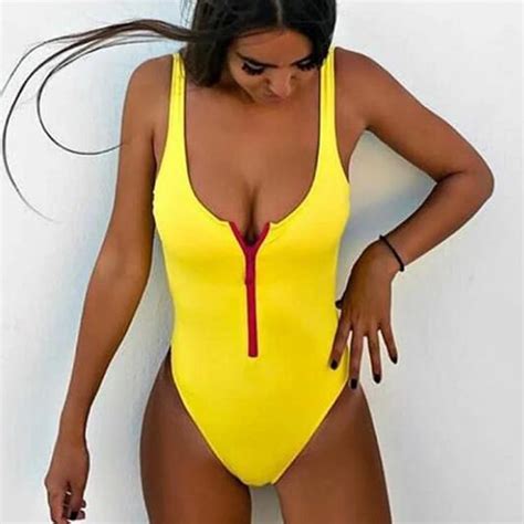 V Neck Zipper One Piece Swimsuit High Cut One Piece Swimwear Women Zipper Swimsuit High Cut ...