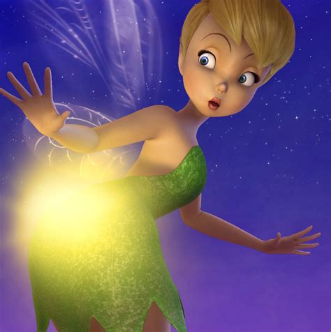 the animated tinkerbell is holding out her hand to light up something in the sky