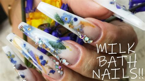 Milk Bath Acrylic Nails with REAL FLOWERS - YouTube