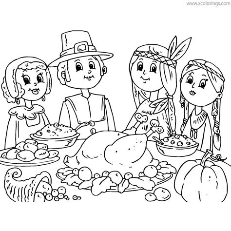 Pilgrim Coloring Pages Thanksgiving-Dinner with Indians - XColorings.com