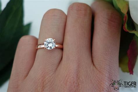 1 Carat Solitaire Ring, Low Profile, ROSE Engagement Ring, Man Made Diamond Simulant, Wedding ...