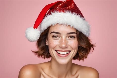 Premium AI Image | Christmas Portrait of Beautiful Woman with Radiant Smile and Christmas Hat ...