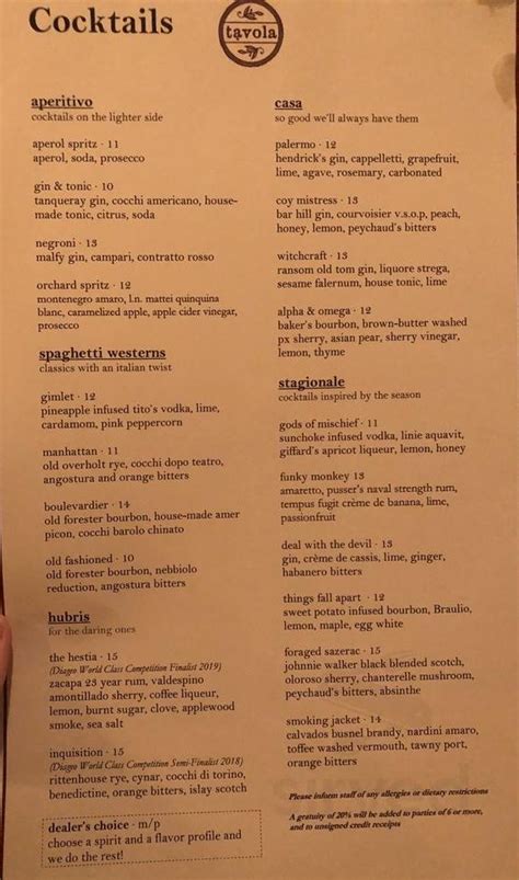 Tavola menu in Charlottesville, Virginia, USA