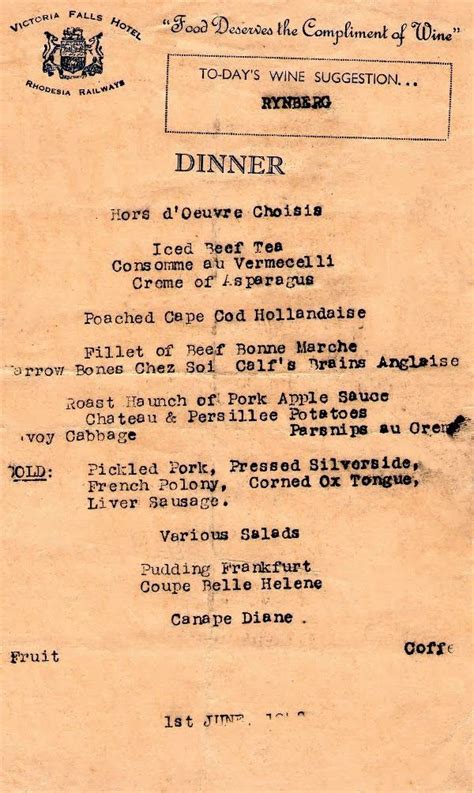 Our Rhodesian Heritage: Victoria Falls Hotel Menu's 1948 | Hotel menu, Victoria falls, Vintage menu