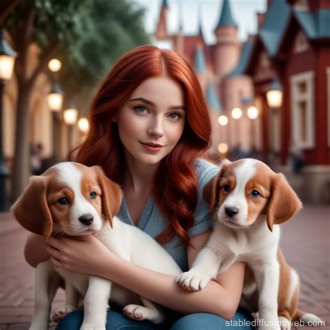 Hyperrealistic Disney-style Redhead with Puppies in Disney World ...