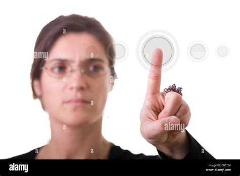 a businesswoman pressing a hi-tech button (you can write your command on the button: login ...
