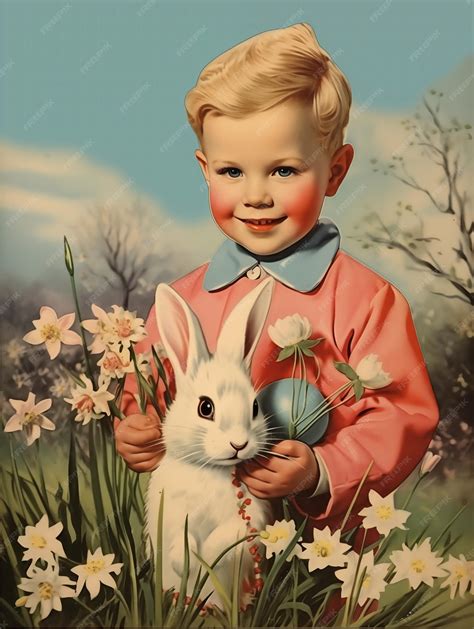 Premium Photo | Vintage Easter card from 19301940 Cute little boy in ...