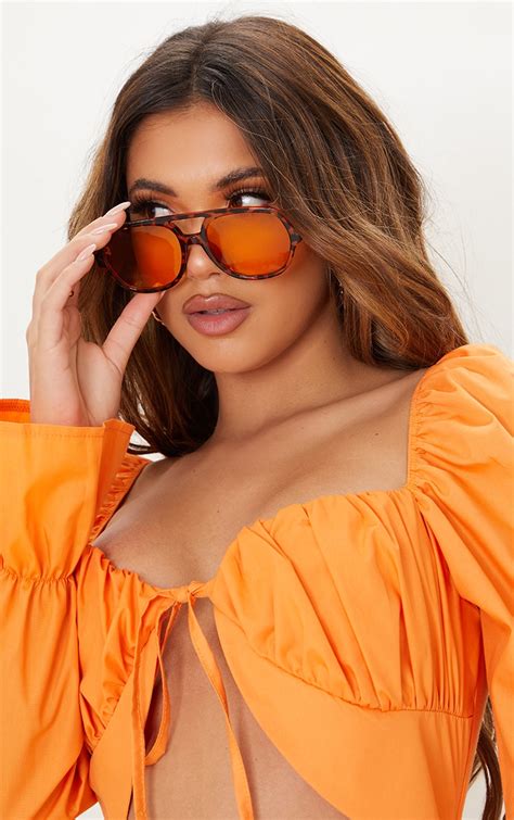 Orange Lens Tortoise Aviator Sunglasses | PrettyLittleThing CA