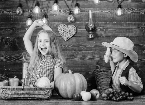 Kids Girl Boy Celebrate Harvest Festival Rustic Style. School Festival ...