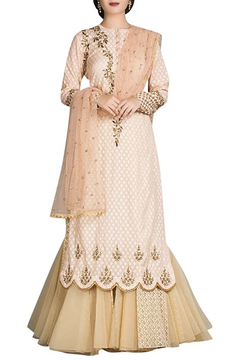 Buy Joy Mitra Peach Gold Embroidered Kurta Lehenga Set Online | Aza ...