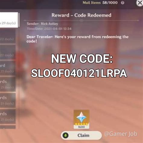 04/01/2021 - New Code 1600 Primogems SLOOF040121LRPA Genshin Impact | HoYoLAB