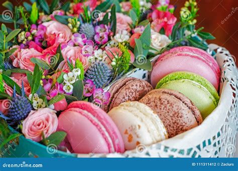 Macaroons in Gift Box with Flowers Stock Photo - Image of bakery, pastry: 111311412