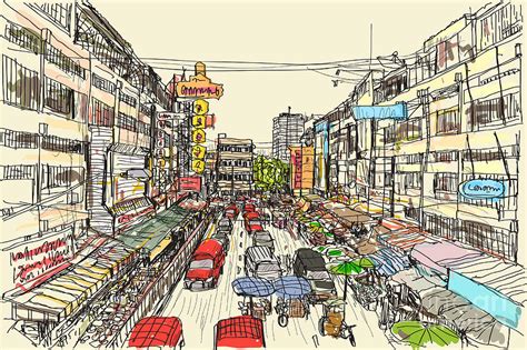 Sketch Thai Local Market Place Digital Art by Tnonra081