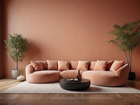 Premium AI Image | Curved sofa ottoman and armchair against coral wall ...