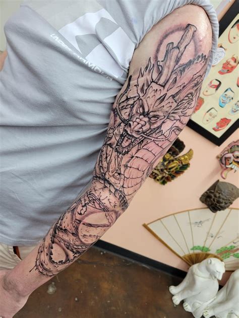 Shenron sleeve done by Bill from Flaming Chariot Tattoo : r/nerdtattoos