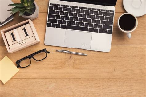 Wooden Table with Laptop Top View Stock Image - Image of laptop, blog ...