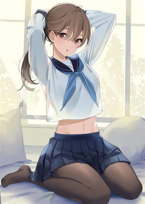 Anime Anime Girls Ikomochi Rswxx School Uniform Arms Up Brunette Brown Eyes Bare Midriff ...