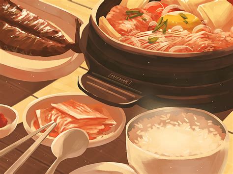 a painting of food on a table with chopsticks and bowls in front of it