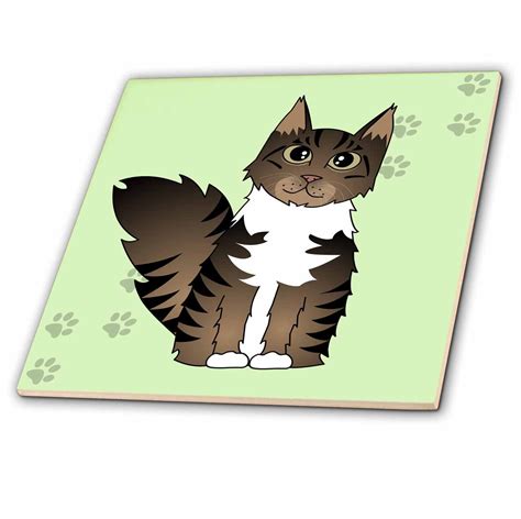 3dRose Cute Maine Coon Cartoon Cat - Brown Tabby with White - Green with Pawprint - Ceramic Tile ...