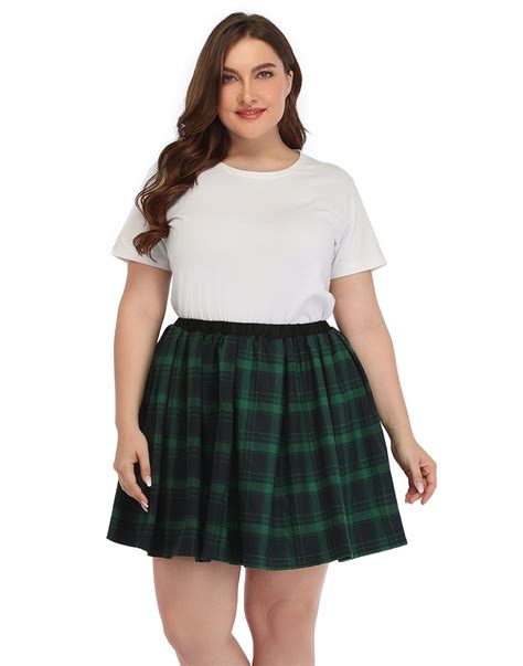 HDE Plus Size Plaid Skirt Lingerie Pleated Mini Skater Skirts (Green and Black Plaid, 26-28 ...