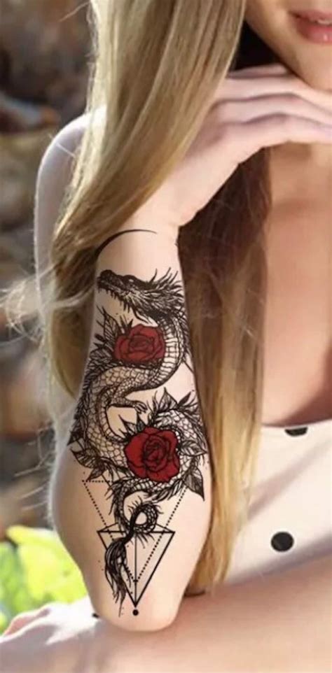 Dragon/rose/moon Temporary Tattoo Realistic Rose Flower Dragon Moon Crafting and Tumbler Designs ...