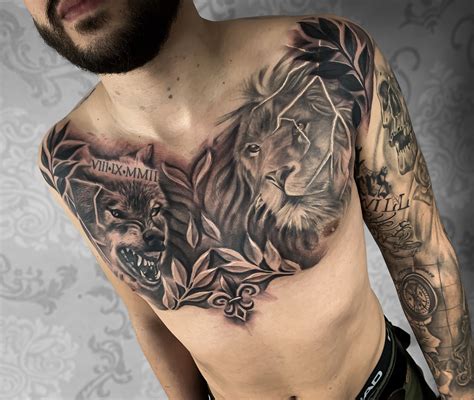 Realistic Wolf and Lion tattoo / chest tattoo men / Lion tattoo Wolf tattoo / stue524 Stue ...