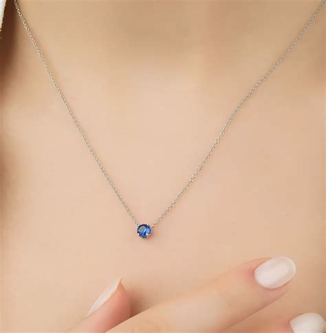 Sapphire Solitaire Necklace, 14K White Gold Sapphire Necklace, 5mm Prong Setting Blue Sapphire ...