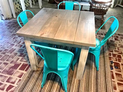 Square Farmhouse Table, Rustic Farmhouse Table, Dining Set with Aqua Metal Chairs, Table with ...